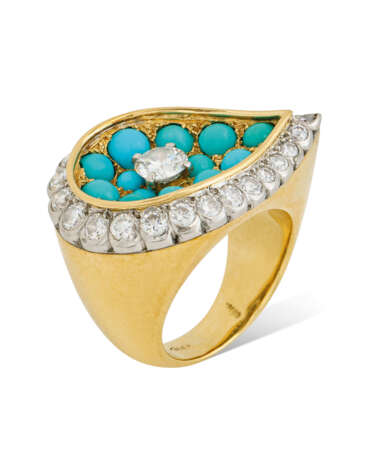 Cartier. RETRO TURQUOISE AND DIAMOND BANGLE, BROOCH AND EARRING SUITE... - Foto 6