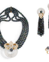 ROCK CRYSTAL, CULTURED PEARL AND DIAMOND NECKLACE, EARRING A...