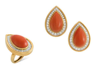 CORAL AND DIAMOND EARRING AND RING SET, DAVID WEBB