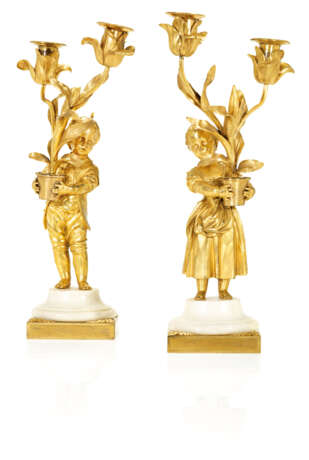 A PAIR OF LOUIS XVI ORMOLU AND WHITE MARBLE TWO-LIGHT CANDEL... - фото 1