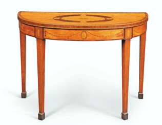 A GEORGE III SATINWOOD, KINGWOOD AND MARQUETRY DEMI-LUNE GAM...