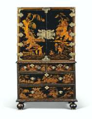 A WILLIAM & MARY BLACK AND POLYCHROME JAPANNED CABINET-ON-CH...