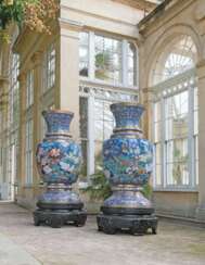 A PAIR OF MONUMENTAL CHINESE CLOISONNE ENAMEL VASES, ON STAN...