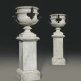 A PAIR OF ITALIAN PATINATED-BRONZE MOUNTED WHITE MARBLE VASES ON PEDESTALS - photo 1