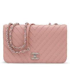 A PINK STUDDED LAMBSKIN LEATHER SINGLE FLAP BAG WITH SILVER HARDWARE