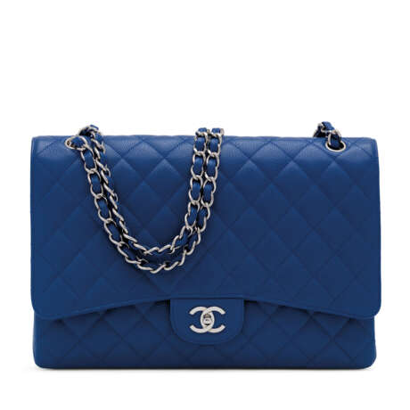 CHANEL. A BLUE CAVIAR LEATHER MAXI SINGLE FLAP BAG WITH SILVER HARDWARE - photo 1