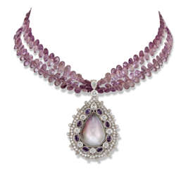 MABÉ PEARL, AMETHYST AND DIAMOND PENDANT NECKLACE