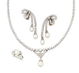 NATURAL PEARL, CULTURED PEARL AND DIAMOND RING, EARRINGS AND NECKLACE