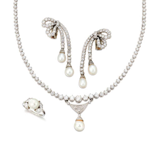 NATURAL PEARL, CULTURED PEARL AND DIAMOND RING, EARRINGS AND NECKLACE - Foto 1