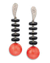 CORAL, ONYX AND DIAMOND EARRINGS, GAVELLO