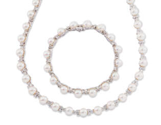 CULTURED PEARL AND DIAMOND NECKLACE AND BRACELET SET, TIFFANY & CO.