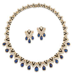 SAPPHIRE, DIAMOND AND ENAMEL NECKLACE AND EARRING SET