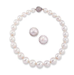 CULTURED PEARL AND DIAMOND NECKLACE AND EARRINGS