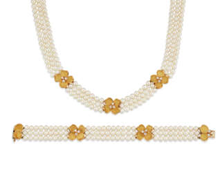 CULTURED PEARL AND DIAMOND 'DOGWOOD' NECKLACE AND BRACELET-SET, TIFFANY & CO.