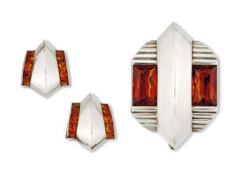 ART DECO CITRINE BROOCH AND EARRING SET, ATTRIBUTED TO SUZANNE BELPERRON