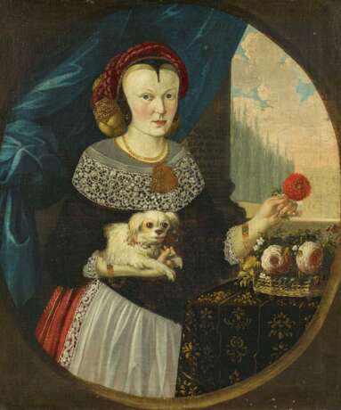 Deutscher Meister. Portrait einer höfischen Dame mit Hündchen vor einem Palasthintergrund - фото 1
