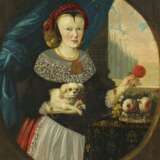 Deutscher Meister. Portrait einer höfischen Dame mit Hündchen vor einem Palasthintergrund - Foto 1