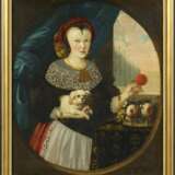 Deutscher Meister. Portrait einer höfischen Dame mit Hündchen vor einem Palasthintergrund - photo 2