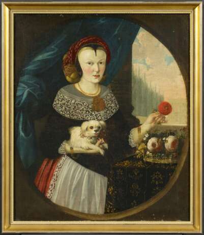 Deutscher Meister. Portrait einer höfischen Dame mit Hündchen vor einem Palasthintergrund - Foto 2