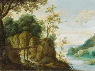 Landschaft mit Wanderer auf einer Brücke über einen Wildbach