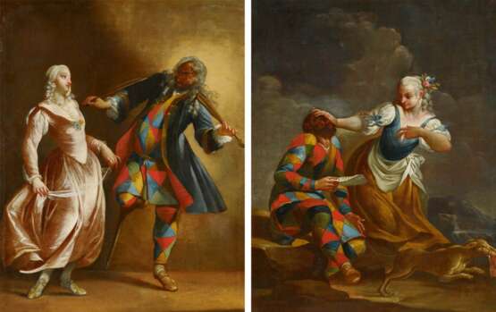 Ferretti, Giovanni Domenico. Zwei Gemälde: Harlekin von seiner Geliebten vertrieben; Harlekin als Meister der Musik - Foto 1