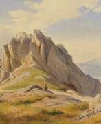 Карл Гуммель. Burgruine auf Sizilien mit Blick auf den verschneiten Ätna im Hintergrund