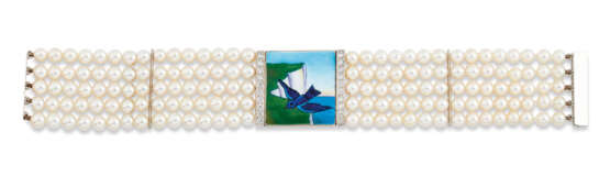 CULTURED PEARL, ENAMEL AND DIAMOND 'WHITE CLIFFS OF DOVER' BRACELET, CREATED BY HER MAJESTY THE QUEEN'S JEWELLER G.COLLINS & SONS LIMITED - Foto 1