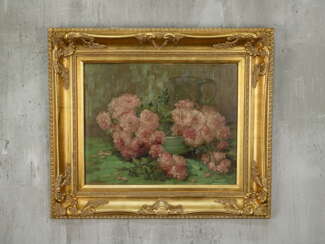 Антикварная картина "Садовые розы и кувшин"