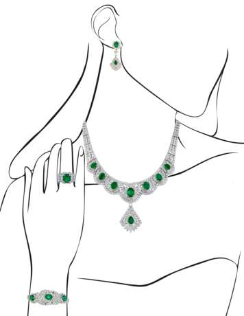 EMERALD AND DIAMOND NECKLACE, BRACELET, EARRING AND RING SUITE, MARCONI - фото 16