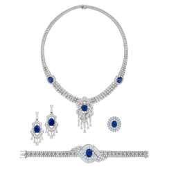 SAPPHIRE AND DIAMOND NECKLACE, BRACELET, EARRING AND RING SUITE WITH GÜBELIN REPORTS, MARCONI