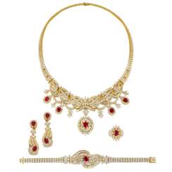 RUBY AND DIAMOND NECKLACE, BRACELET, EARRING AND RING SUITE WITH GÜBELIN REPORTS, MARCONI