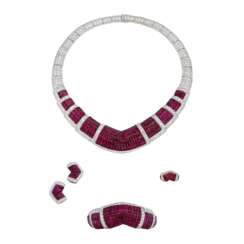RUBY AND DIAMOND NECKLACE, BANGLE, EARRING AND RING SUITE, MARCONI