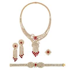 RUBY AND DIAMOND NECKLACE, BRACELET, EARRING AND RING SUITE, MARCONI