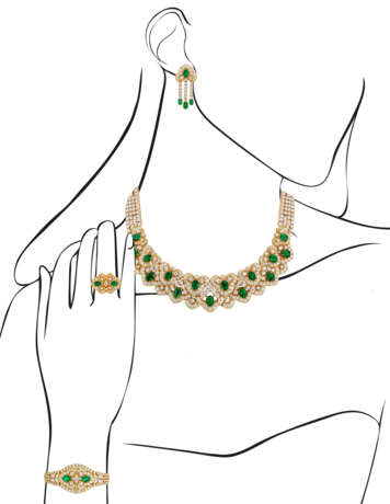 EMERALD AND DIAMOND NECKLACE, BRACELET, EARRING AND RING SUITE, MARCONI - фото 15