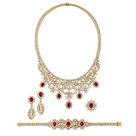RUBY AND DIAMOND NECKLACE, BRACELET, EARRING AND RING SUITE WITH GÜBELIN REPORTS, MARCONI - photo 1