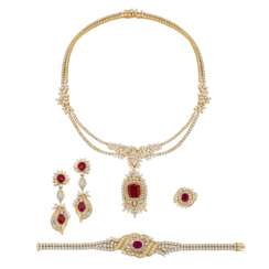 RUBY AND DIAMOND NECKLACE, BRACELET, EARRING AND RING SUITE WITH GÜBELIN REPORTS, MARCONI