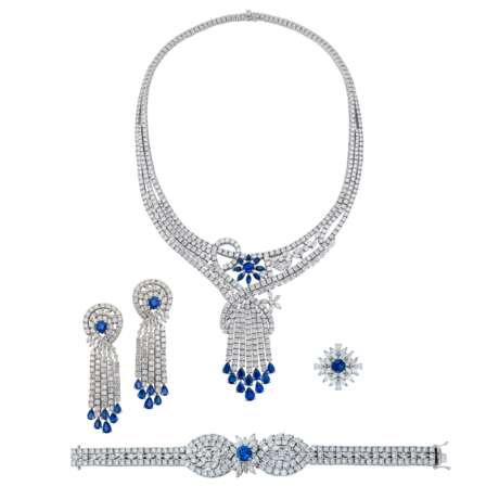 SAPPHIRE AND DIAMOND NECKLACE, BRACELET, EARRING AND RING SUITE, MARCONI - Foto 1