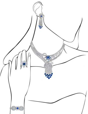 SAPPHIRE AND DIAMOND NECKLACE, BRACELET, EARRING AND RING SUITE, MARCONI - Foto 16