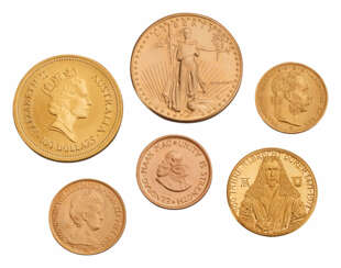 Sammlung von fünf Goldmünzen und einer Goldmedaille