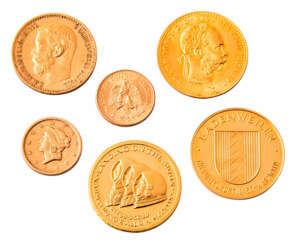 Sammlung von vier Goldmünzen und zwei Goldmedaillen