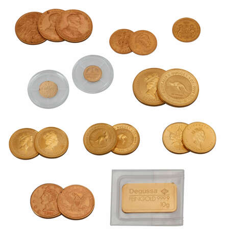 Sammlung von 18 Goldmünzen und einem Goldbarren - photo 1