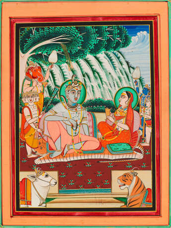 Shiva und Parvati auf einem Tigerfell sitzend umringt von Ganesha, Brahma, Krishna und Kartikeya - Foto 1
