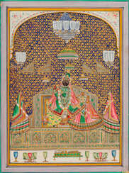 Radha und Krishna mit Flöte flankiert von Gopis