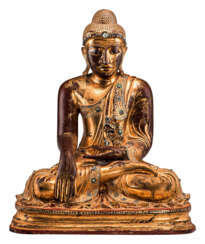 Großer Buddha Shakyamuni mit farbigen Spiegelglaseinlagen