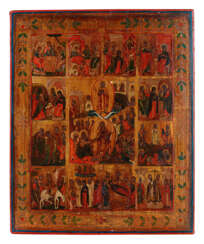 Ikone mit der Auferstehung Christi und den zwölf Hochfesten des orthodoxen Kirchenjahres