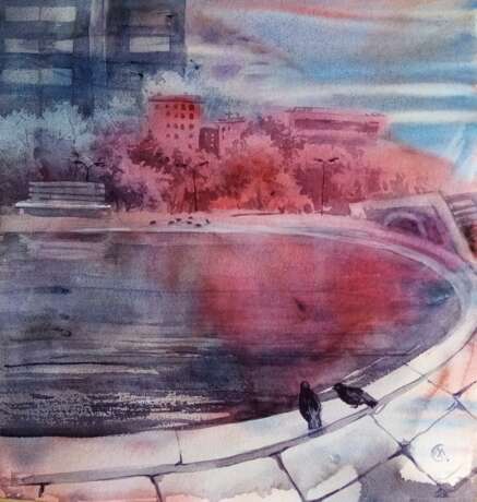 Drawing “City pond”, Paper, Watercolor, Modern, Landscape painting, Russia, 2020 - photo 1