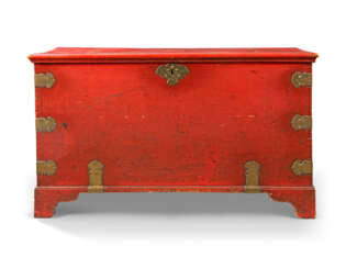 AN INDO-PORTUGUESE BRASS-MOUNTED AND RED-LACQUERED TEAK CHEST