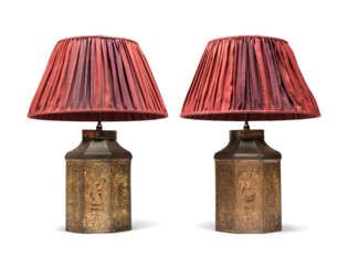 A PAIR OF LATE REGENCY JAPANNED METAL TEA CANISTER TABLE LAMPS