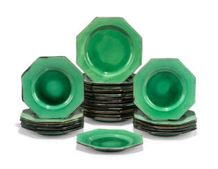 A GROUP OF FRENCH POTTERY GREEN-GROUND OCTAGONAL PLATES