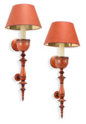 A PAIR OF RED-LACQURED WALL-LIGHTS